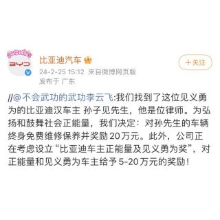 比亚迪：奖励杭州见义勇为车主20万元